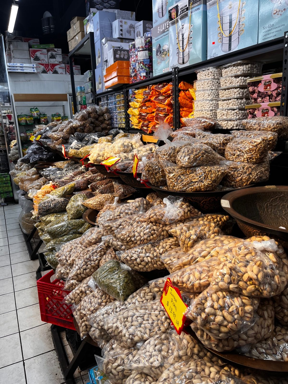 Display of pistachios, nuts and dried fruit